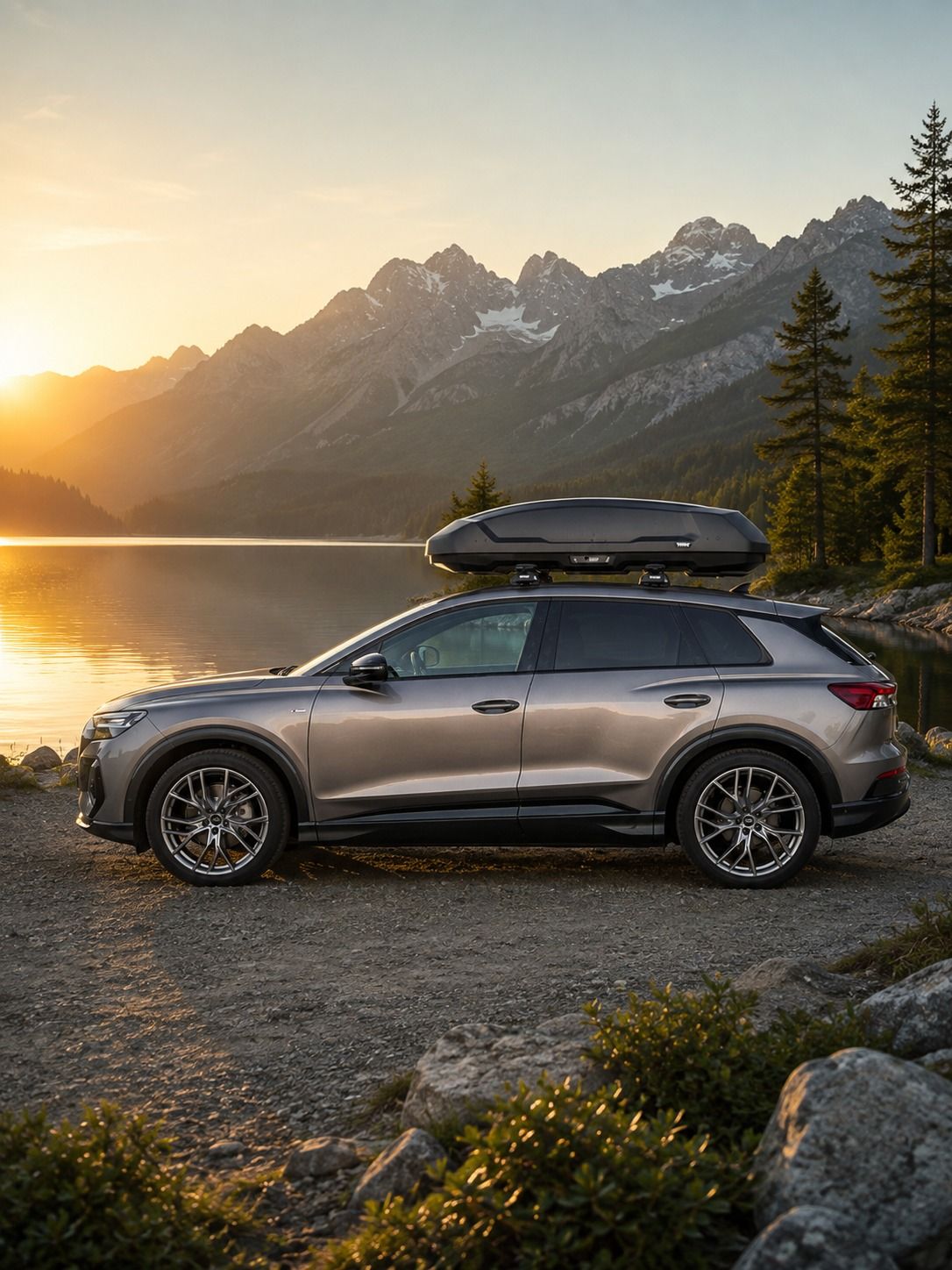 Graues SUV mit schwarzer Dachbox am Ufer eines Sees, dahinter Berge im Abendlicht